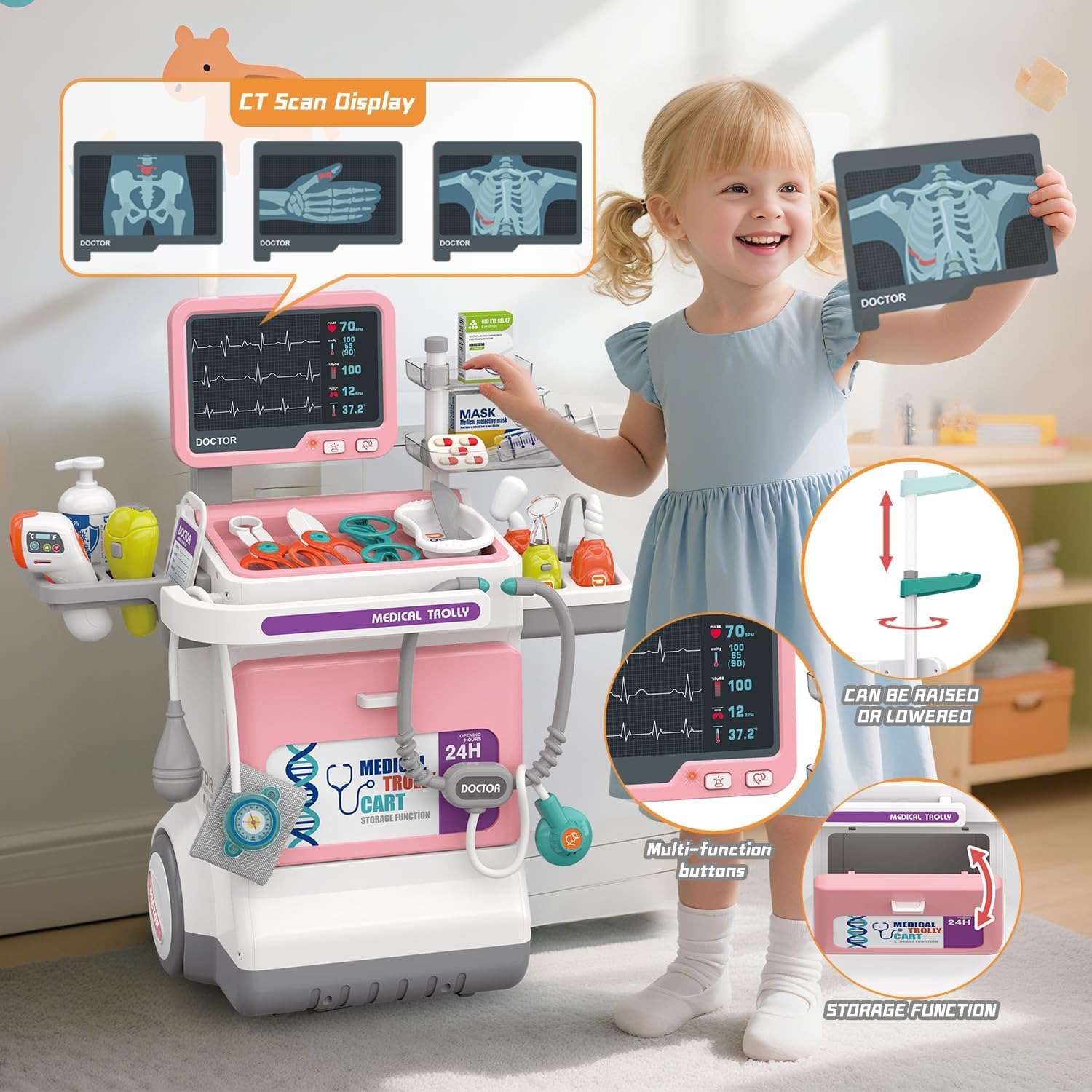 Kids Toys Doctor Set - ชุดของเล่นคุณหมอเด็กสุดหรู ชุดจำลองการเล่นบทบาทสมมติ รถเข็นแพทย์พร้อมเครื่องตรวจหัวใจ ECG หูฟังแพทย์ ของเล่นเสริมพัฒนาการ
