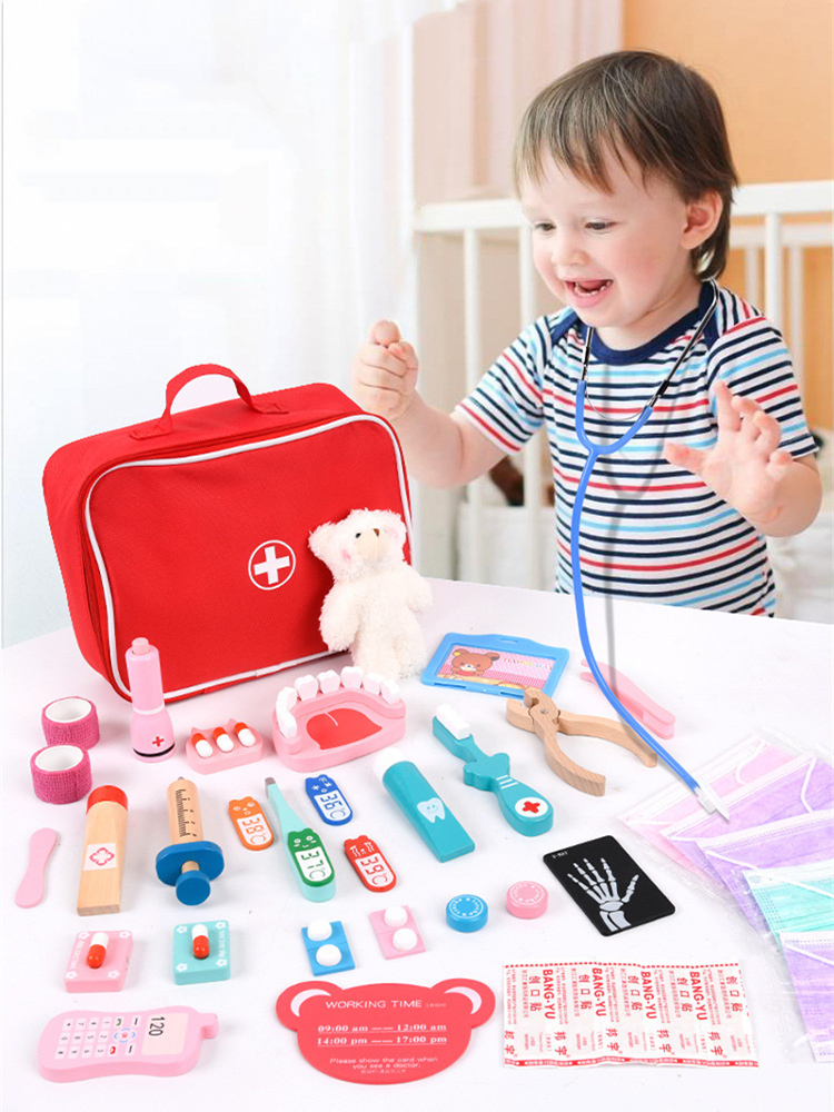 Kids Toys Doctor Set - ชุดของเล่นบทบาทสมมติคุณหมอ ของเล่นไม้จำลองหมอฟัน ชุดตรวจสุขภาพ แปรงฟัน ยา ของเล่นเสริมพัฒนาการสำหรับเด็ก