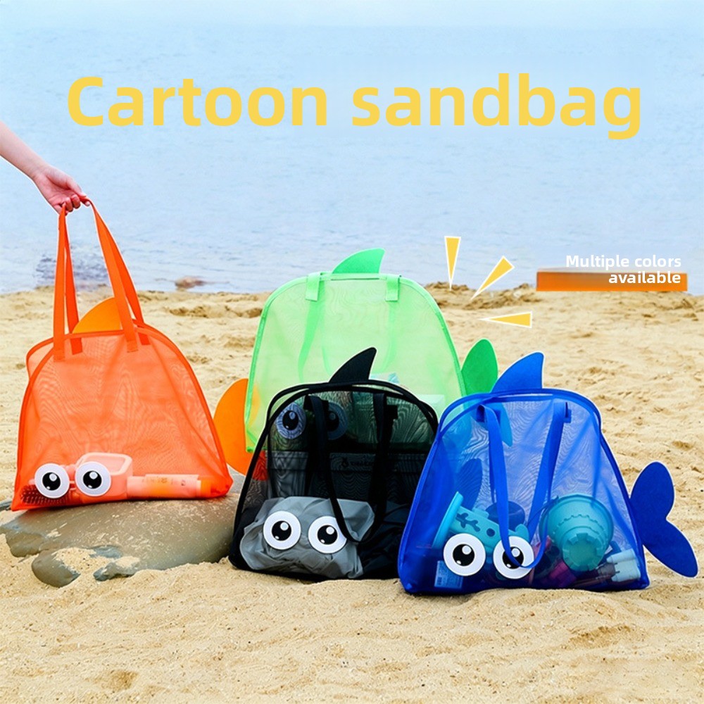 Kids' Toys - กระเป๋าชายหาดตาข่ายสำหรับเด็ก ลายการ์ตูนสีสันสดใส รูปฉลาม ป้องกันทราย แห้งเร็ว ใส่ของเล่นและอุปกรณ์ต่างๆ
