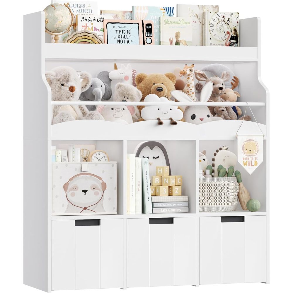 Kids' Toys - ที่เก็บของเล่นเด็กพร้อมชั้นวางหนังสือ, ชั้นวางหนังสืออเนกประสงค์พร้อมที่เก็บของเล่นแบบเคลื่อนย้ายได้ 3 ชิ้นสำหรับห้องเด็ก, ตู้หนังสือเด็ก