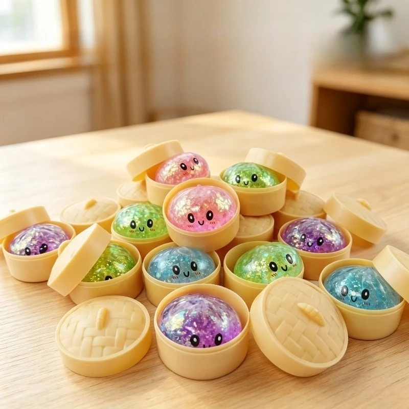Sensory Fidget Toys - ของเล่นบีบคลายเครียดรูปซาลาเปาจำลอง เนื้อนุ่ม บีบแล้วคืนตัวช้า พร้อมกล่องนึ่งไม้ไผ่ ของเล่นเสริมประสาทสัมผัส ลดความเครียด